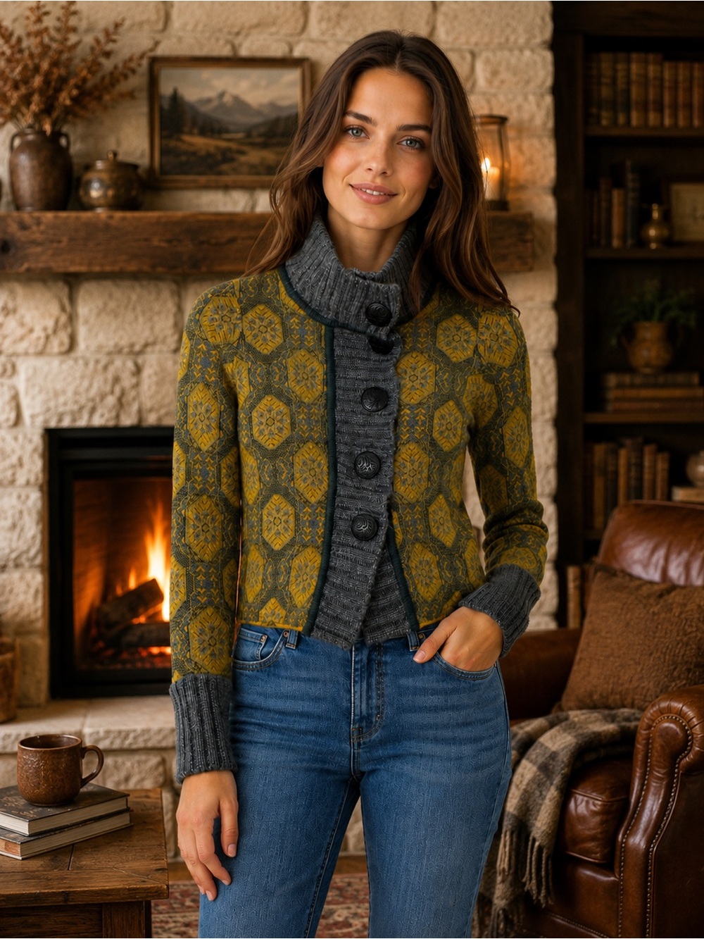 Icelandic Designs Wool Blend Patterned Ribbed Trim Cardigan Small